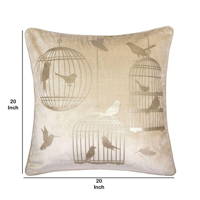 20 X 20 Inches Bird and Cage Print Velvet Accent Pillows, Set of 2, Beige and Gold