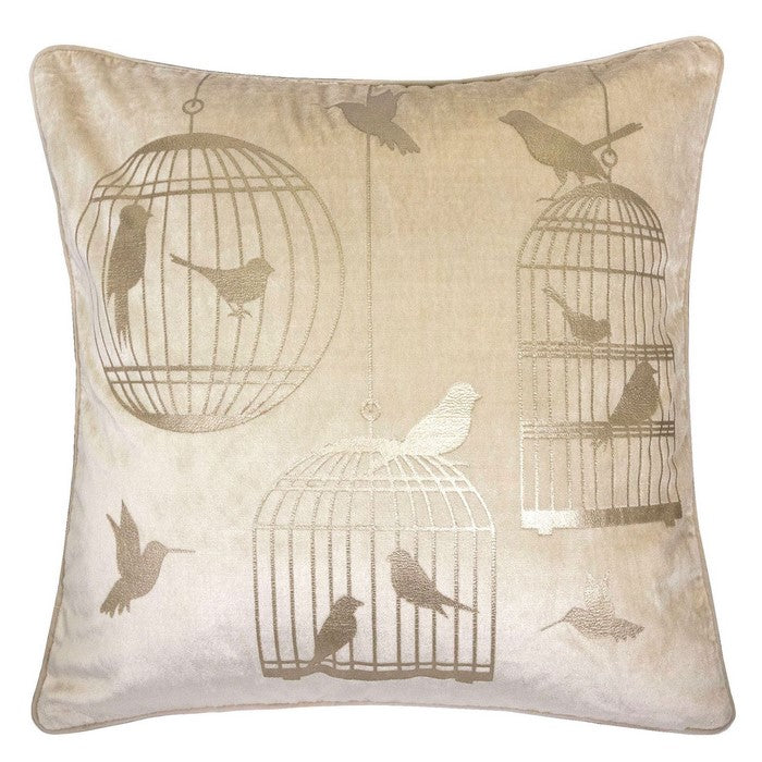 20 X 20 Inches Bird and Cage Print Velvet Accent Pillows, Set of 2, Beige and Gold