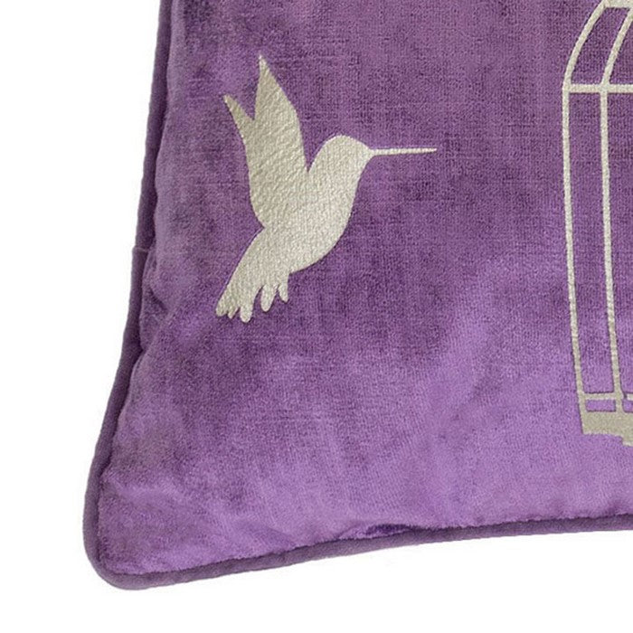 20 X 20 Inches Bird and Cage Print Velvet Accent Pillows, Set of 2, Purple and Gold