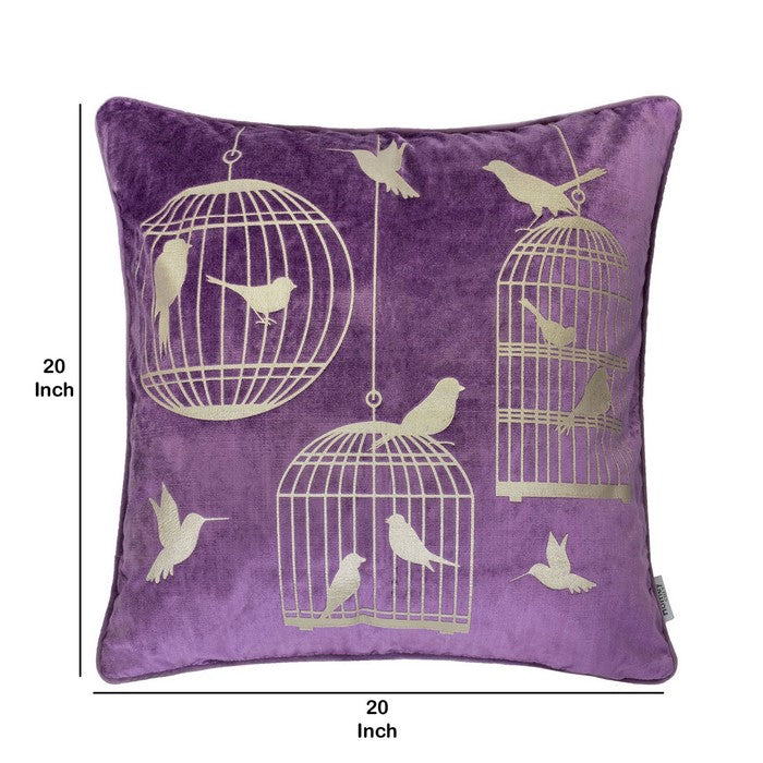 20 X 20 Inches Bird and Cage Print Velvet Accent Pillows, Set of 2, Purple and Gold