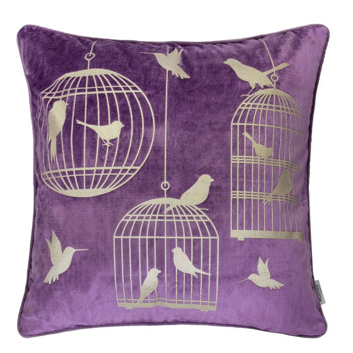 20 X 20 Inches Bird and Cage Print Velvet Accent Pillows, Set of 2, Purple and Gold