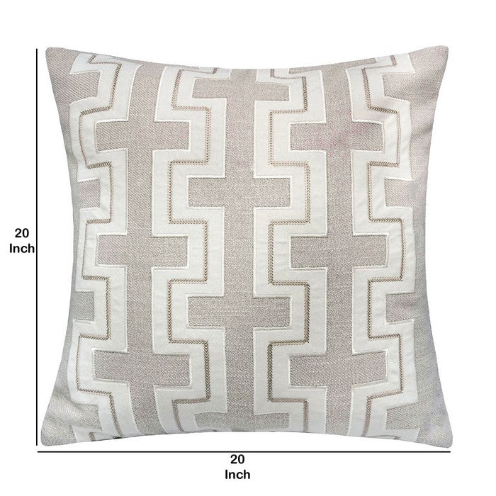 20 X 20 Inches Embroidered Accent Pillow with Fret Design, Set of 2, Gray and White