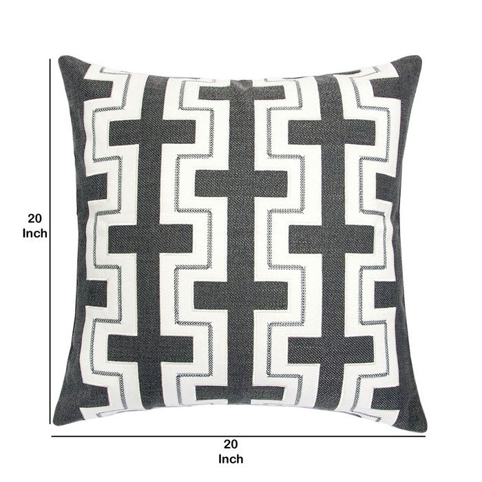 20 X 20 Inches Embroidered Pillow with Fret Design, Set of 2, Black and White