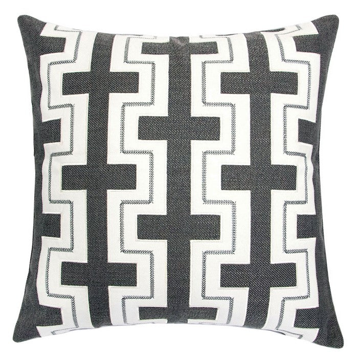20 X 20 Inches Embroidered Pillow with Fret Design, Set of 2, Black and White