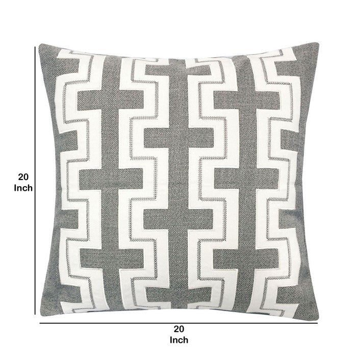 20 X 20 Inches Embroidered Pillow with Fret Design, Set of 2, Light Gray and White