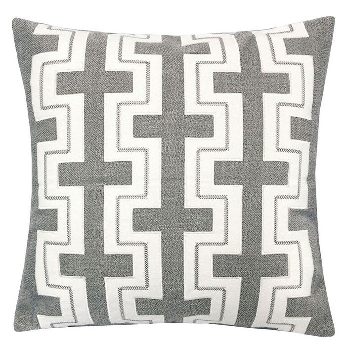 20 X 20 Inches Embroidered Pillow with Fret Design, Set of 2, Light Gray and White