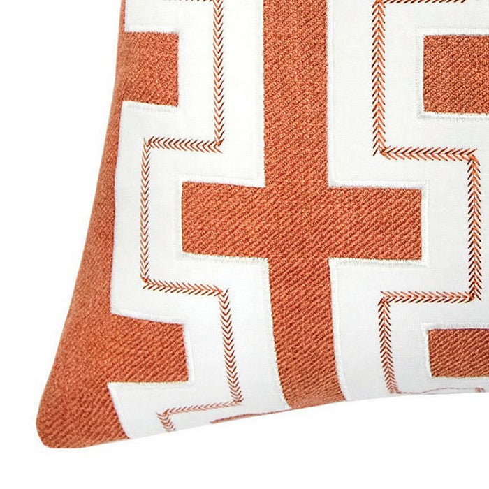 20 X 20 Inches Embroidered Pillow with Fret Design, Set of 2, Orange and White