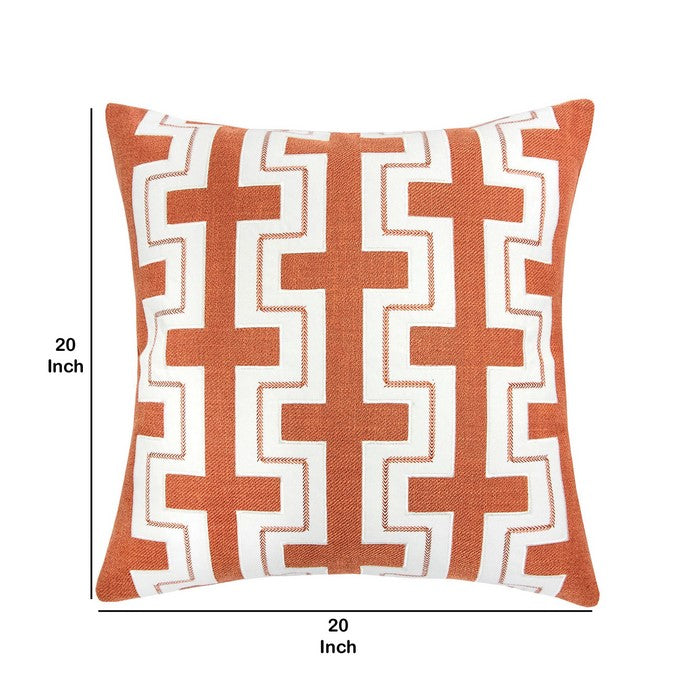 20 X 20 Inches Embroidered Pillow with Fret Design, Set of 2, Orange and White