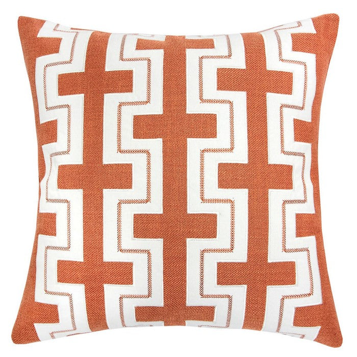 20 X 20 Inches Embroidered Pillow with Fret Design, Set of 2, Orange and White