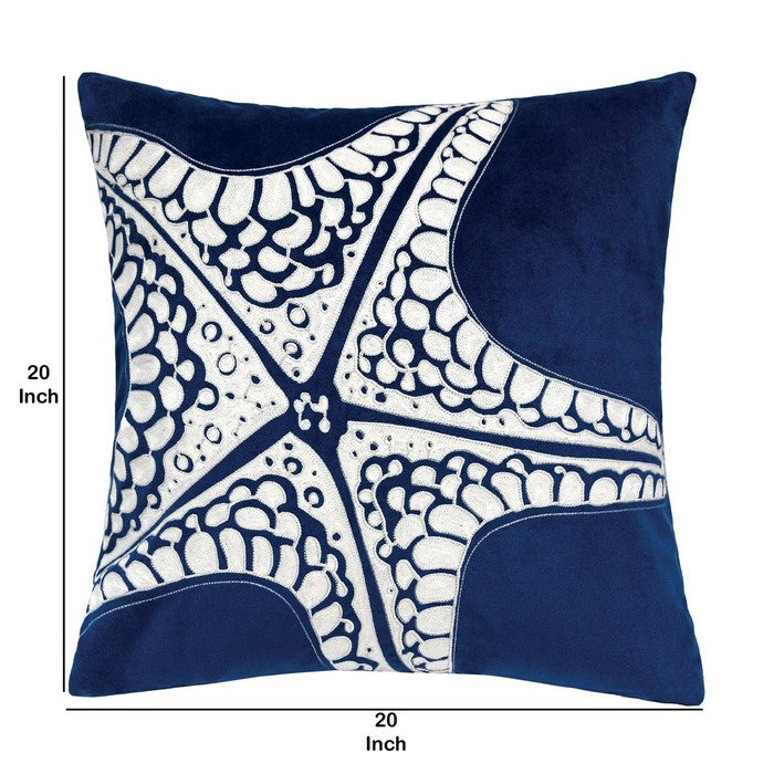 20 X 20 Inches Accent Pillow with Starfish Embroidery, Set of 2, Blue and White
