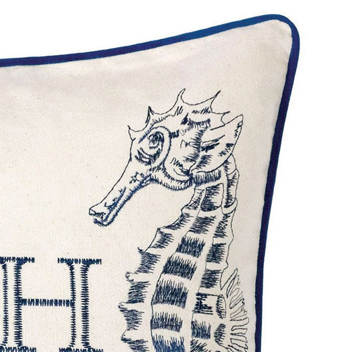 20 X 20 Inches Beach Theme Pillow with Sea Horse Print, Set of 2, Blue and White