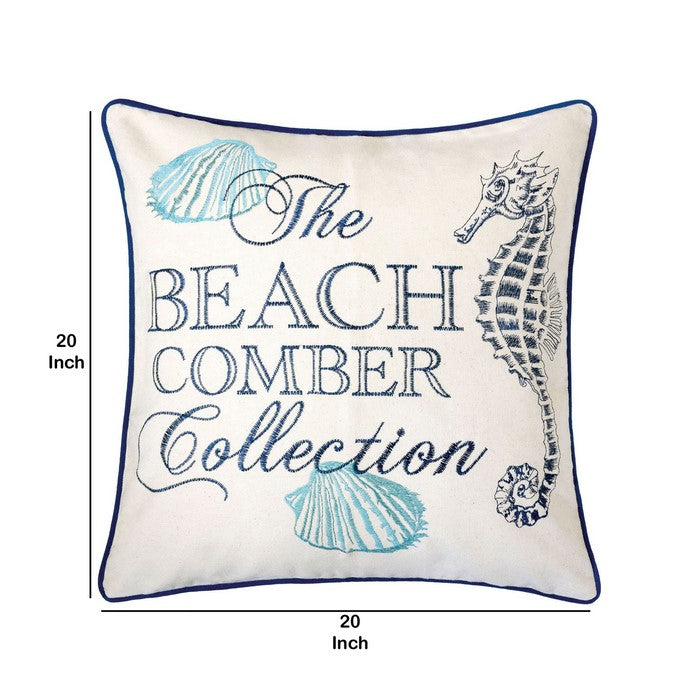 20 X 20 Inches Beach Theme Pillow with Sea Horse Print, Set of 2, Blue and White