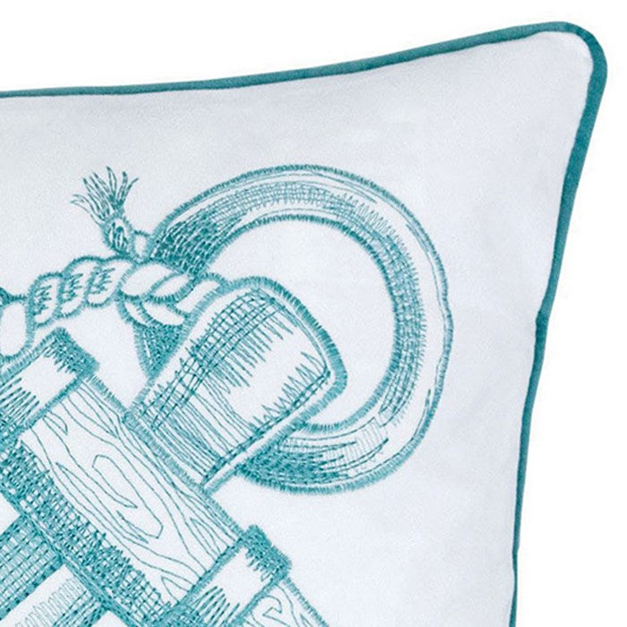 20 X 20 Inches Sea Anchor Embroidered Accent Pillow, Set of 2, Teal Blue and White