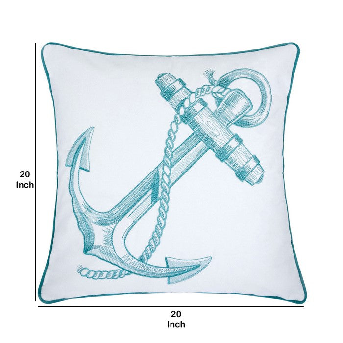 20 X 20 Inches Sea Anchor Embroidered Accent Pillow, Set of 2, Teal Blue and White