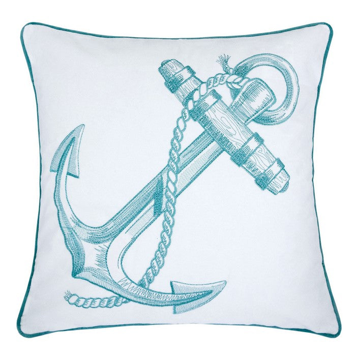 20 X 20 Inches Sea Anchor Embroidered Accent Pillow, Set of 2, Teal Blue and White