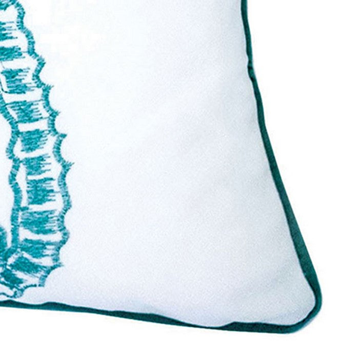 20 X 20 Inches Accent Pillow with Seahorses Embroidery, Set of 2, Teal Blue and White