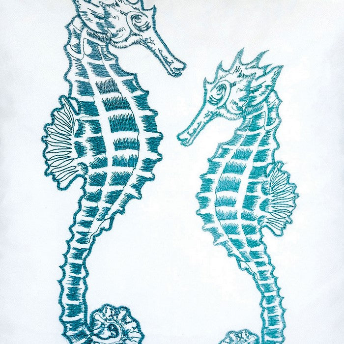 20 X 20 Inches Accent Pillow with Seahorses Embroidery, Set of 2, Teal Blue and White