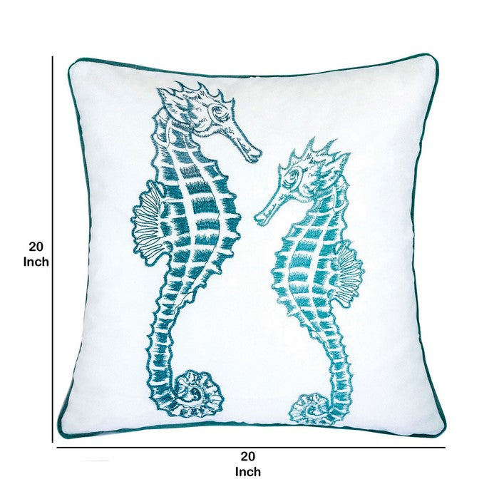 20 X 20 Inches Accent Pillow with Seahorses Embroidery, Set of 2, Teal Blue and White