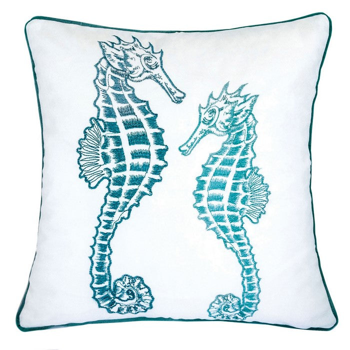 20 X 20 Inches Accent Pillow with Seahorses Embroidery, Set of 2, Teal Blue and White