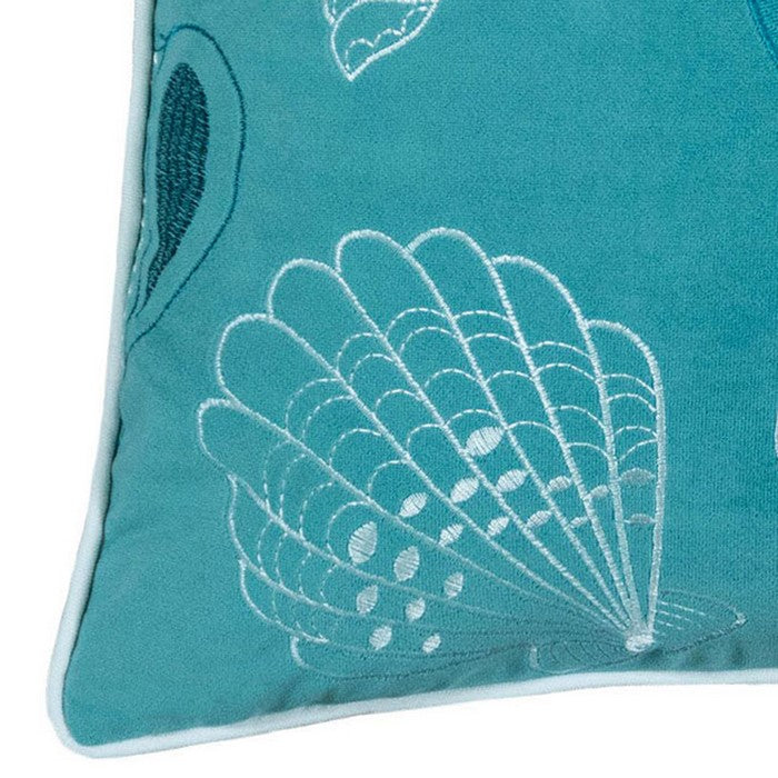 20 X 20 Inches Accent Pillow with Seashells Embroidery, Set of 2, Teal Blue and White