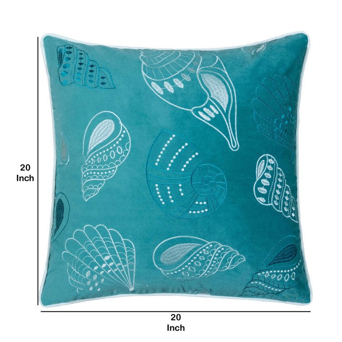 20 X 20 Inches Accent Pillow with Seashells Embroidery, Set of 2, Teal Blue and White