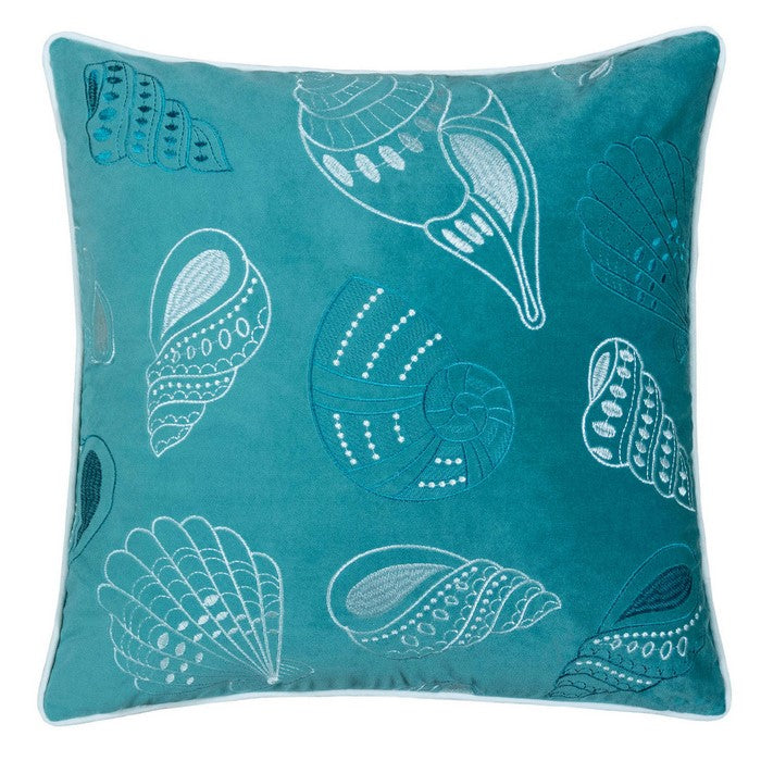 20 X 20 Inches Accent Pillow with Seashells Embroidery, Set of 2, Teal Blue and White