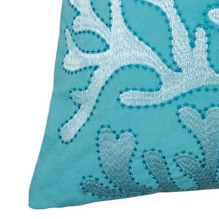 20 X 20 Inches Accent Pillow with Coral Embroidery, Set of 2, Teal Blue and White