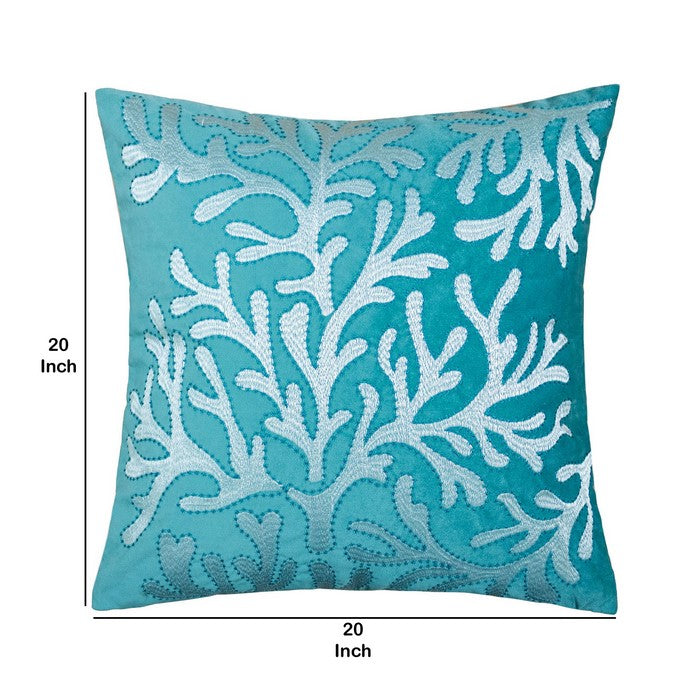 20 X 20 Inches Accent Pillow with Coral Embroidery, Set of 2, Teal Blue and White