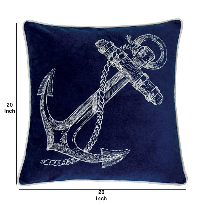 20 X 20 Inches Sea Anchor Embroidered Accent Pillow, Set of 2, Blue and White