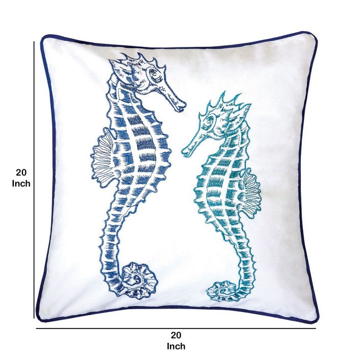 20 X 20 Inches Accent Pillow with Seahorses Embroidery, Set of 2, Blue and White