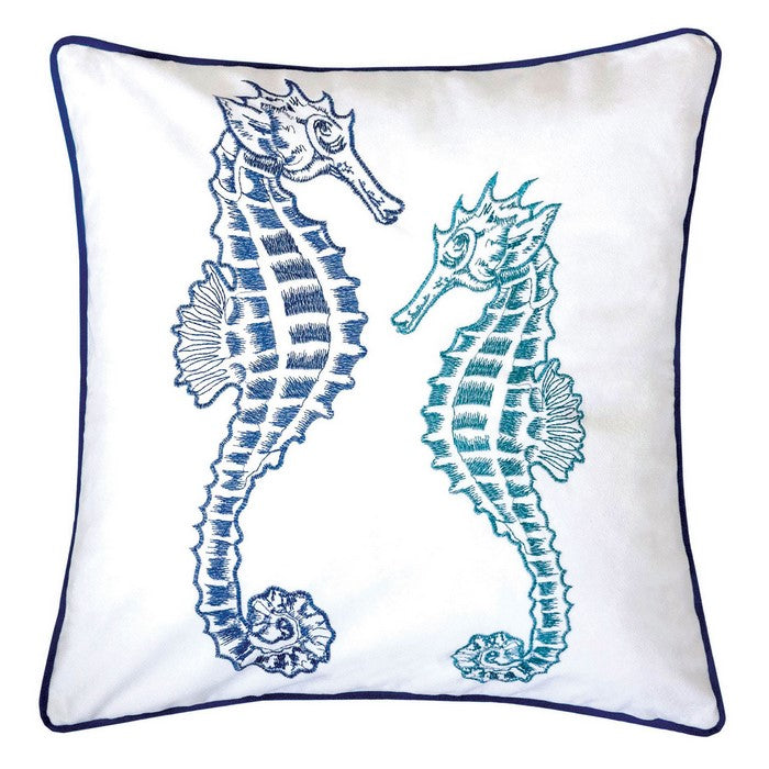 20 X 20 Inches Accent Pillow with Seahorses Embroidery, Set of 2, Blue and White