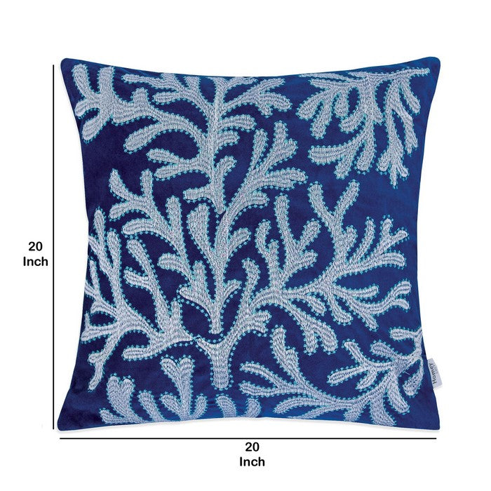 20 X 20 Inches Accent Pillow with Coral Embroidery, Set of 2, Blue and White