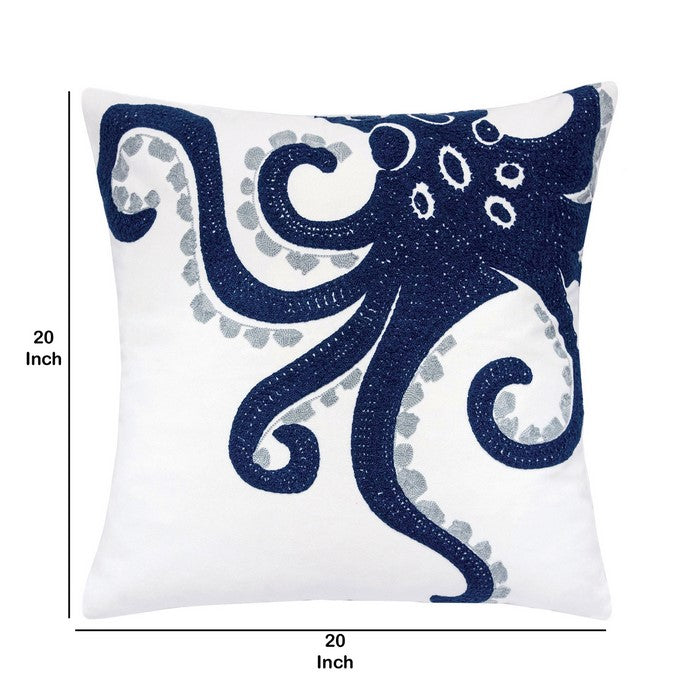 20 X 20 Inches Octopus Embroidered Accent Pillow, Set of 2, Blue and White