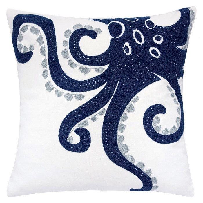 20 X 20 Inches Octopus Embroidered Accent Pillow, Set of 2, Blue and White