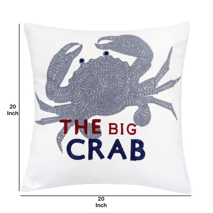 20 X 20 Inches Crab Designed Embroidered Accent Pillow, Set of 2, White and Gray