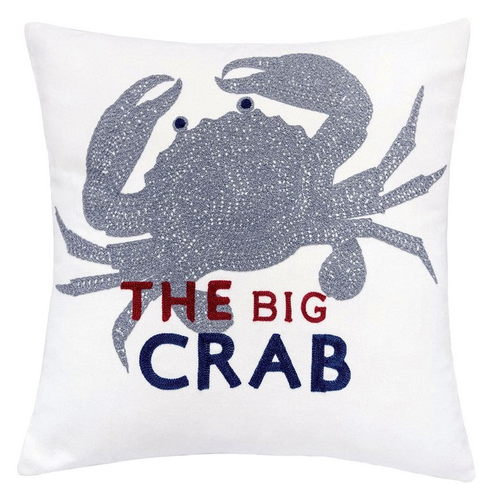 20 X 20 Inches Crab Designed Embroidered Accent Pillow, Set of 2, White and Gray