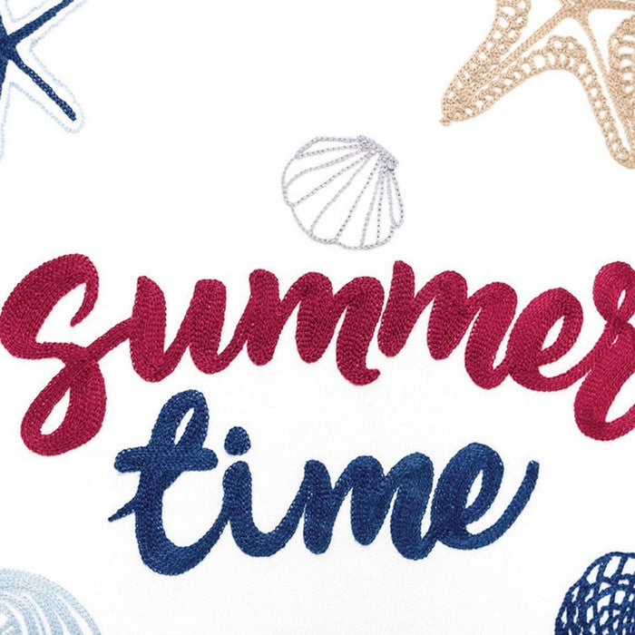 20 X 20 Inches Summer Time Beach Themed Embroidered Pillow, Set of 2, White and Blue