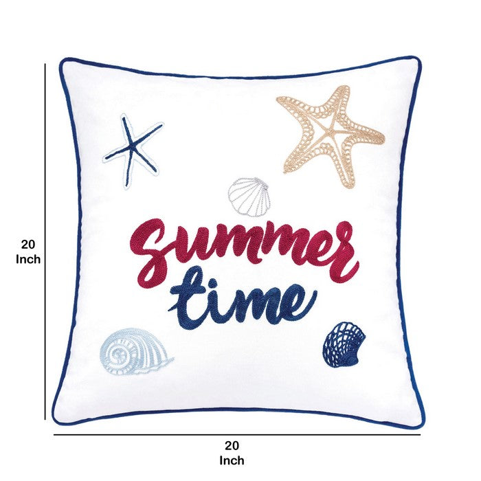 20 X 20 Inches Summer Time Beach Themed Embroidered Pillow, Set of 2, White and Blue