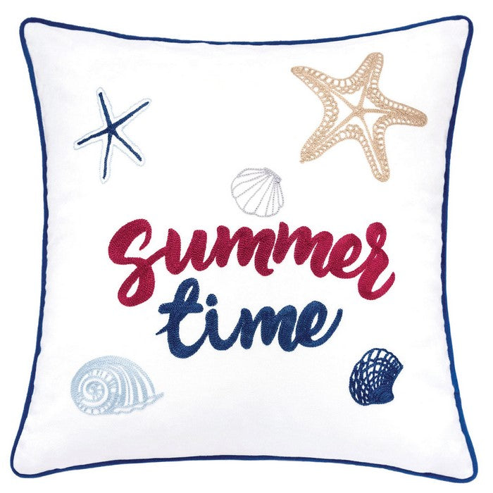 20 X 20 Inches Summer Time Beach Themed Embroidered Pillow, Set of 2, White and Blue