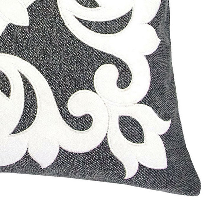 20 X 20 Inches Pillow with Intricate Floral Embroidery, Set of 2, Dark Gray and White