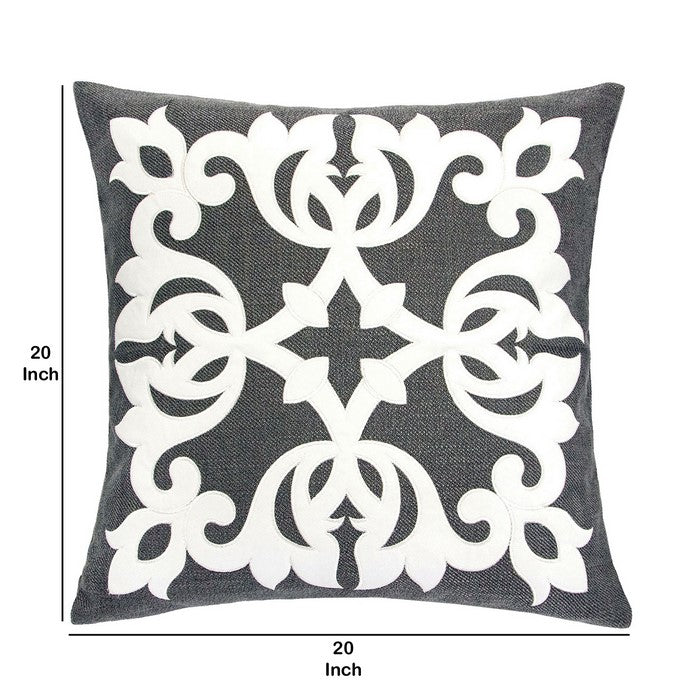 20 X 20 Inches Pillow with Intricate Floral Embroidery, Set of 2, Dark Gray and White