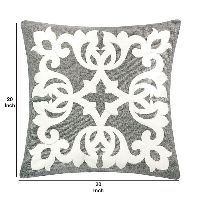 20 X 20 Inches Pillow with Intricate Floral Embroidery, Set of 2, Gray and White