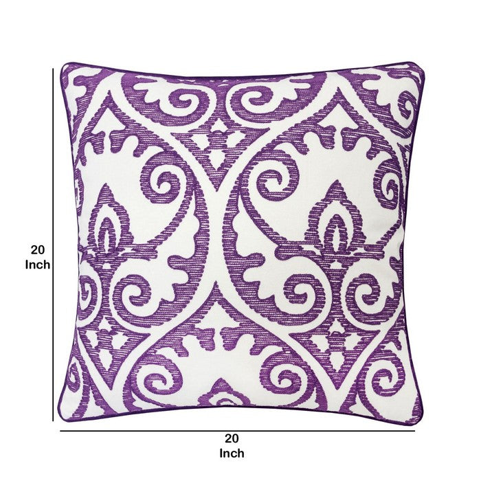 20 X 20 Inches Filigree Embroidered Cotton Pillow, Set of 2, Purple and White