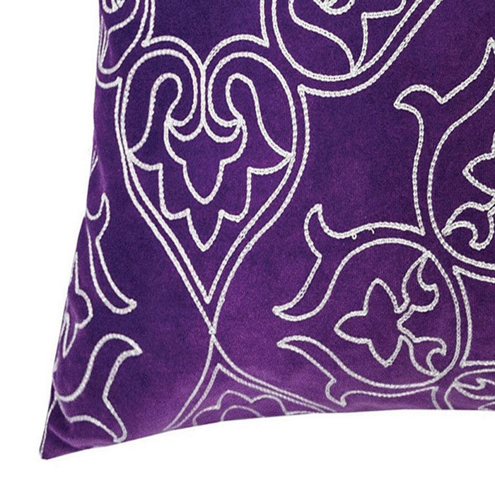 20 X 20 Inches Swirl Embroidery Velvet Accent Pillow, Set of 2, Purple and White