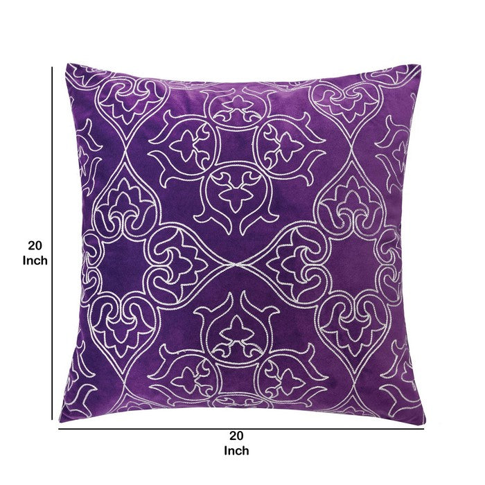 20 X 20 Inches Swirl Embroidery Velvet Accent Pillow, Set of 2, Purple and White