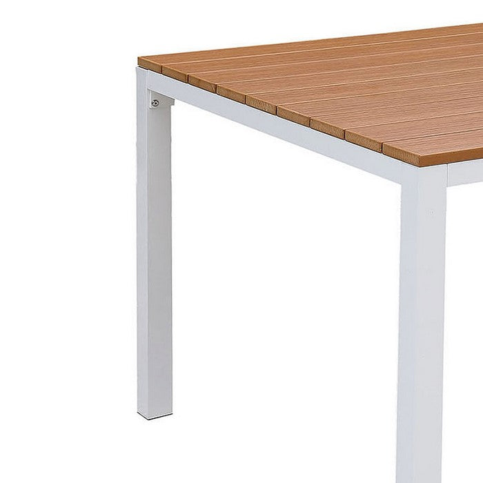 Umbrella Ready Aluminum Patio Table with Plank Style Top, White and Brown