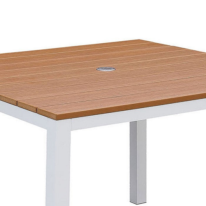 Umbrella Ready Aluminum Patio Table with Plank Style Top, White and Brown