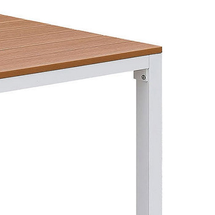 Umbrella Ready Aluminum Patio Table with Plank Style Top, White and Brown