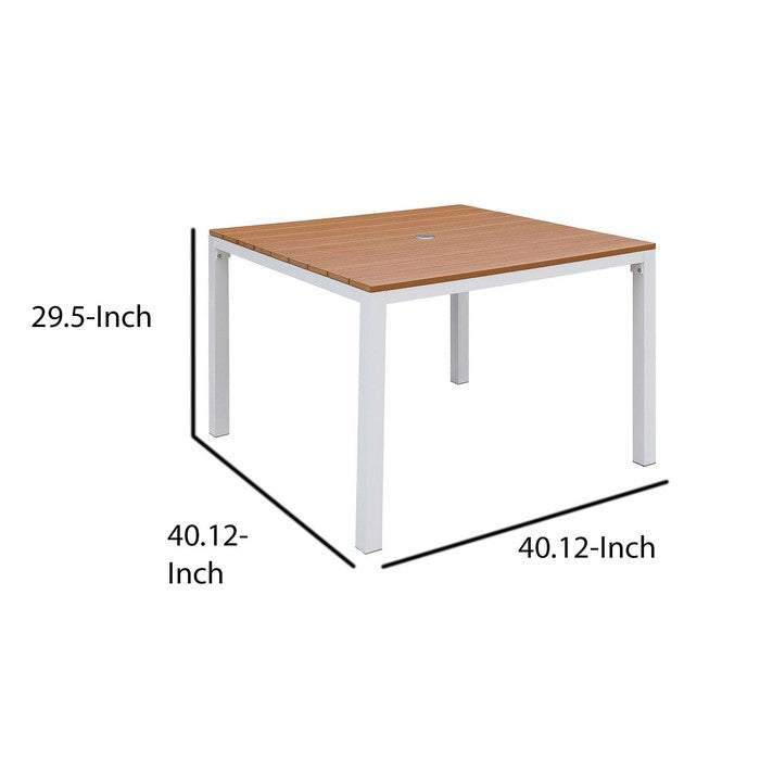 Umbrella Ready Aluminum Patio Table with Plank Style Top, White and Brown
