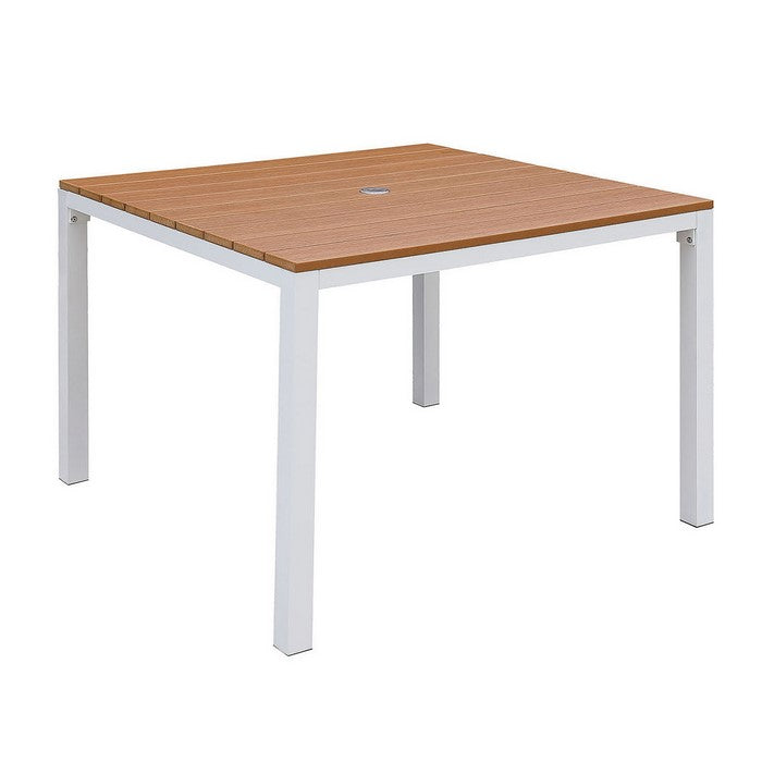 Umbrella Ready Aluminum Patio Table with Plank Style Top, White and Brown